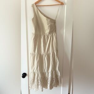 GAP One Shoulder Cream Tiered Cotton Dress with Embroidered Trim